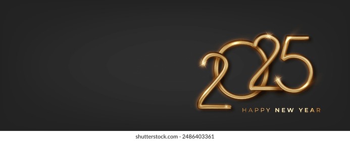 Happy New Year 2025 greeting card on black background.