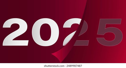 Happy New Year 2025 greeting card design template. The end of 2024 and the beginning of 2025. Concept of the beginning of the new year. Calendar page turns and new year starts.