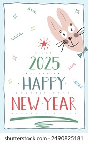 Happy New Year 2025 Greeting Card. Cute funny bunny looks out of the corner. Lettering in the shape of a Christmas tree.