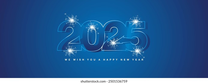 Happy New Year 2025 greeting card design template on blue background. New Year 2024 concept with neon light line sparkler firework on blue background