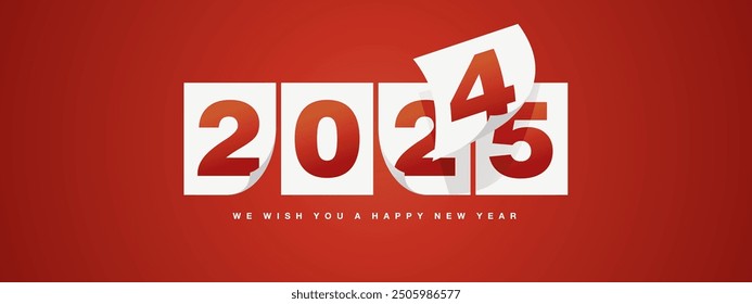 Happy New Year 2025 greeting card design template on red background. New Year 2025 start concept. Calendar pages turn in the wind and the new year begins