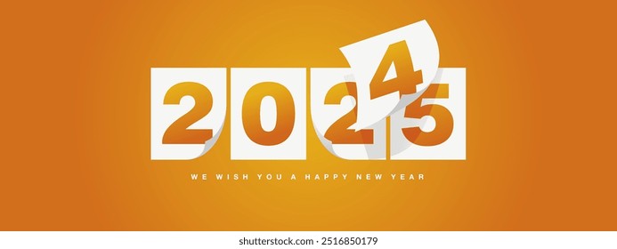 Happy New Year 2025 greeting card design template on orange background. New Year 2025 start concept. Calendar pages turn in the wind and the new year begins