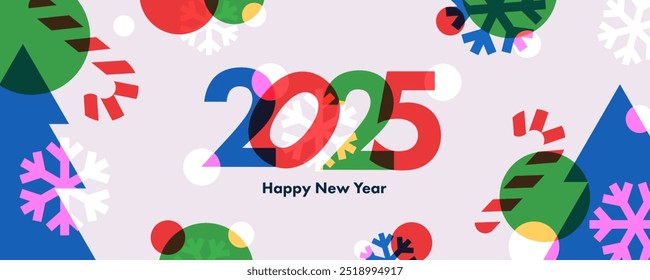 Happy New Year 2025 greeting banner. Trendy modern Xmas design with 2025 typography, overlay elements, candy cane, snowflake, Christmas tree. Horizontal poster, greeting card, header for website