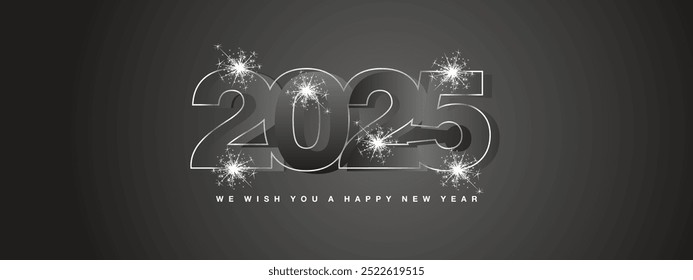 Happy New Year 2025 greeting card design template on black background. New Year 2024 concept with neon light line sparkler firework on black background