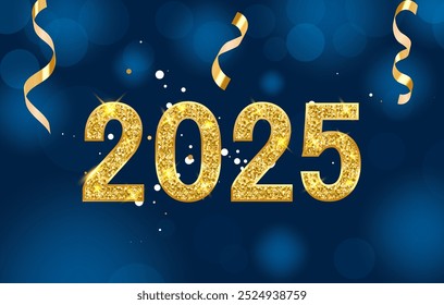 Happy New Year 2025.  New year greeting card on beautiful dark blue background with gold sparkling confetti and ribbons. celebration poster, party invitation or calendar.