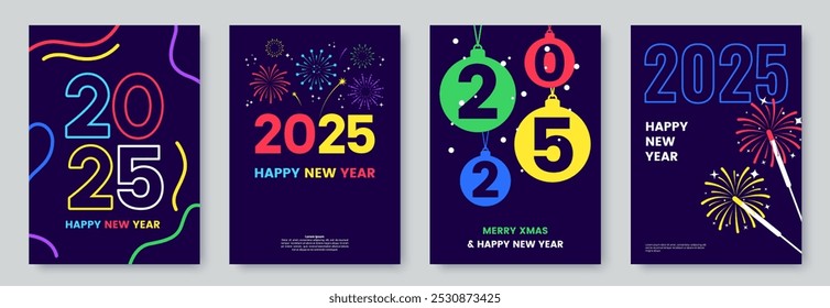 Happy New Year 2025 greeting card collection in neon colors. Posters template with minimalistic graphics and typography. Creative concept for banner, flyer, cover, social media. Vector illustration.