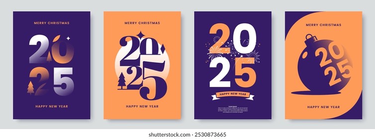 Happy New Year 2025 greeting card collection. Posters template with creative graphics and typography. Concept for banner, flyer, branding, cover, social media. Vector illustration.