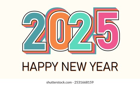 Happy New Year 2025 greeting banner. Trendy modern Xmas design with 2025 overlay elements, and typography. Greeting card, Horizontal poster,  header for website