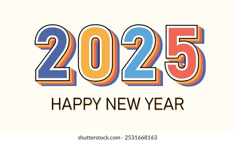 Happy New Year 2025 greeting banner. Trendy modern Xmas design with 2025 overlay elements, and typography. Greeting card, Horizontal poster,  header for website