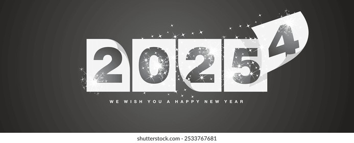Feliz Ano Novo 2025 modelo de design de cartão de saudação com fogos de artifício cintilante e poeira estelar no fundo preto. Conceito de início de Ano Novo 2025. O vento vira o ano civil antigo e o ano novo começa
