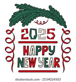 Happy New Year 2025 greeting card hand drawn flat. Holiday celebration. Vector graphics illustration.