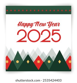 Happy New Year 2025 Greeting Card. Green, red and yellow color rhombus. Christmas diamond elements. Geometric mountains silhouette. Scottish argyle plaid pattern. Flat vector illustration.