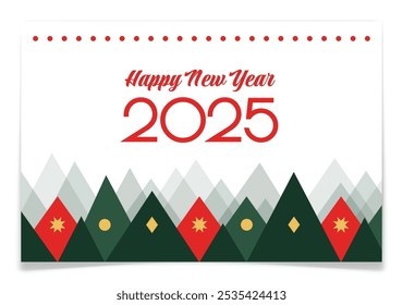 Happy New Year 2025 Greeting Card in minimalist style. Green and red rhombus. Diamond element horizontal postcard. Geometric mountains silhouette. Scottish argyle plaid pattern. Vector illustration