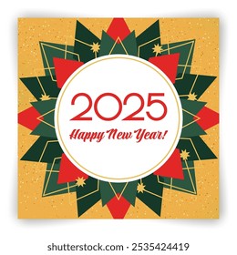 Happy New Year 2025 Greeting Card. Green, red and gold colors. Christmas diamond elements postcard. Geometric star silhouette. Shiny glitter background. Flat vector illustration.