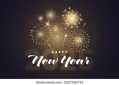 Happy New Year 2025 greeting card design. Calligraphic text with realistic festive fireworks explosions isolated on dark background. Congratulation banner. Vector illustration.