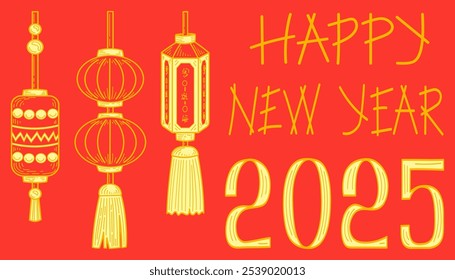 Happy New Year 2025 greeting card hand drawn flat. Holiday celebration. Vector graphics illustration.