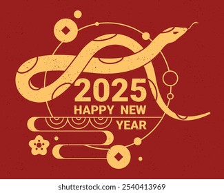 Feliz Ano Novo 2025 cartão de saudação ou banner. Ilustração vetorial. Sinal de cobra enrolado em fundo vermelho. Símbolo do Zodíaco do Ano Novo Chinês. Silhuetas de répteis com números de anos e decorações.