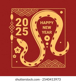 Happy New Year 2025 greeting card or banner in oriental style. Vector zodiac symbol of Chinese New Year. Square frame with snake silhouette and decorations. Golden winding snake sign on red background