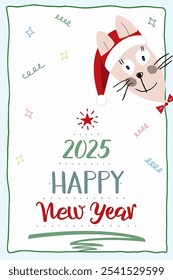 A Happy New Year 2025 greeting card. Cute funny bunny in a red Santa hat peeking out from around the corner. Hand Lettering in the shape of a Christmas tree.