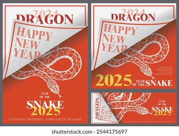 Feliz Ano Novo 2025 design de cartão de saudação, transição de Ano do Dragão para Ano da Serpente para capa, cartão, cartaz, modelo de banner. 
