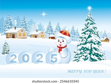 Feliz año Nuevo 2025. Tarjeta de felicitación con árbol de Navidad y divertido muñeco de nieve contra el fondo de la naturaleza nevada de invierno con abetos y casas. Ilustración vectorial 3D 