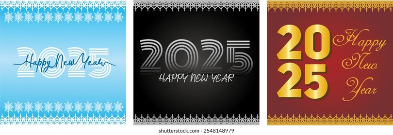 Happy New Year 2025 greeting card set with festive designs in blue, green, and red. Features modern typography, snowflakes, and golden accents, perfect for seasonal greetings and prints.