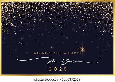 Happy New Year 2025 Grußkarte mit goldenen Sternen und funkelt, Luxus und einfache Einladung Handschrift Karte Design Vorlage.