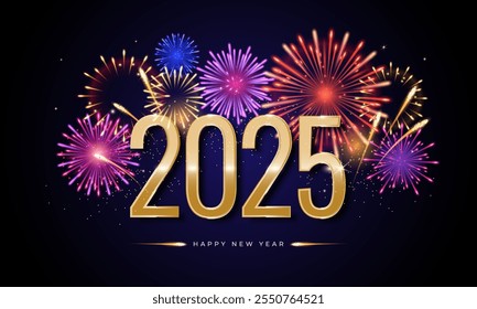 Happy New Year 2025 greeting banner with number and fireworks  on night background. Design template for poster, cover, greeting card, web, social media, print