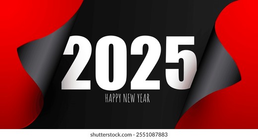 Happy New Year 2025 greeting card design template. Calendar page turns over. Vector illustration