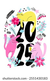 Happy New Year 2025  greeting card or poster. Design illustration with cute colorful cats and christmas flowers isolated on white background