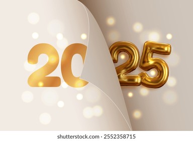 Happy New Year 2025 greeting card template design. Concept of the beginning of the New Year, the calendar page turned and the New Year begins.