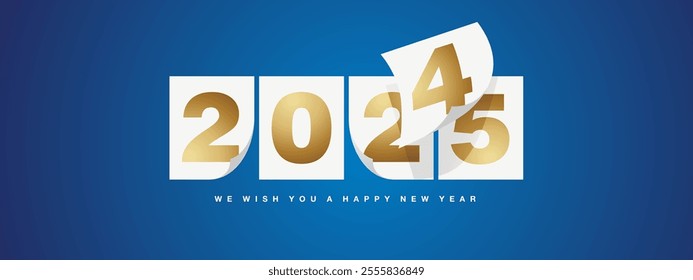 Happy New Year 2025 greeting card design template on blue background. Golden New Year 2025 start concept. Calendar pages turn in the wind and the new year begins