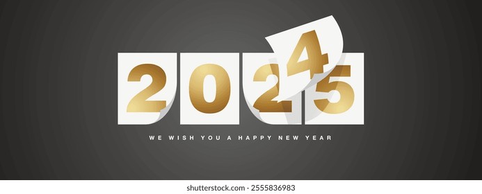 Happy New Year 2025 greeting card design template on black background. Golden New Year 2025 start concept. Calendar pages turn in the wind and the new year begins