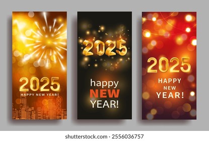 Happy New Year 2025. Greeting banners with festive lights and fireworks. Vector set.