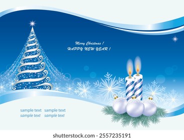 Happy New Year 2025. Greeting card with Christmas tree, candles and balls on blue wavy background with snowflakes. Vector illustration.