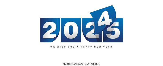 Happy New Year 2025 greeting card design template on white background. New Year 2025 start concept. Blue calendar pages turn in the wind and the new year begins