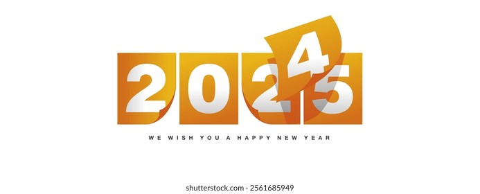 Happy New Year 2025 greeting card design template on white background. New Year 2025 start concept. Orange yellow calendar pages turn in the wind and the new year begins