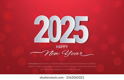 Happy New Year 2025 Greeting Card with Red Background, Bokeh Light Effects, and Bold White 'HAPPY New Year' Text - Perfect for Holiday Celebrations, New Year's Eve Invitations, and Seasonal Greeting.