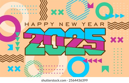 
Happy new year 2025 greeting card template, Trendy typography with geometric hipster pattern in Memphis style, Applicable for banner, calendar, invitation, flyer, social media