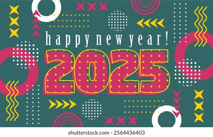 
Happy new year 2025 greeting card template, Trendy typography with geometric hipster pattern in Memphis style, Applicable for banner, calendar, invitation, flyer, social media