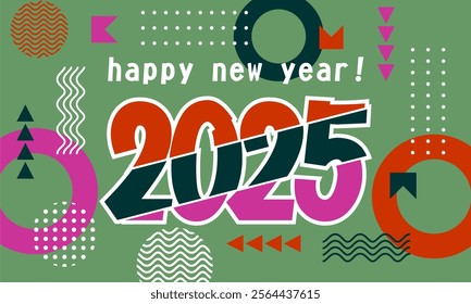 
Happy new year 2025 greeting card template, Trendy typography with geometric hipster pattern in Memphis style, Applicable for banner, calendar, invitation, flyer, social media