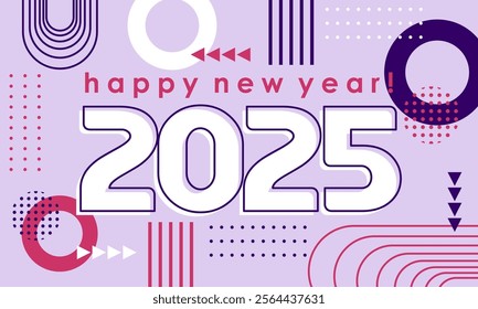 
Happy new year 2025 greeting card template, Trendy typography with geometric hipster pattern in Memphis style, Applicable for banner, calendar, invitation, flyer, social media