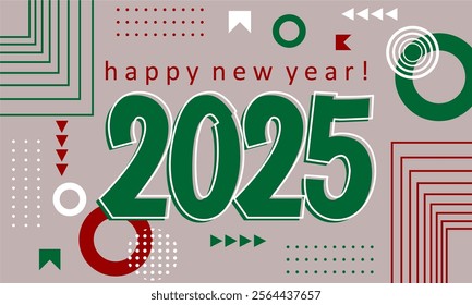 
Happy new year 2025 greeting card template, Trendy typography with geometric hipster pattern in Memphis style, Applicable for banner, calendar, invitation, flyer, social media