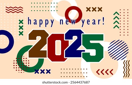 
Happy new year 2025 greeting card template, Trendy typography with geometric hipster pattern in Memphis style, Applicable for banner, calendar, invitation, flyer, social media