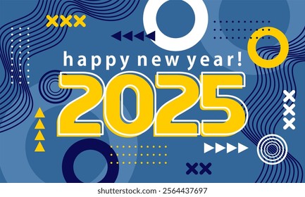 
Happy new year 2025 greeting card template, Trendy typography with geometric hipster pattern in Memphis style, Applicable for banner, calendar, invitation, flyer, social media
