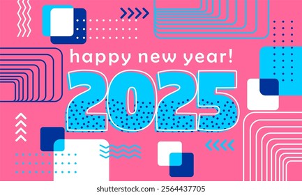 
Happy new year 2025 greeting card template, Trendy typography with geometric hipster pattern in Memphis style, Applicable for banner, calendar, invitation, flyer, social media