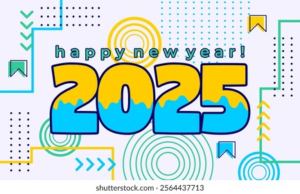 
Happy new year 2025 greeting card template, Trendy typography with geometric hipster pattern in Memphis style, Applicable for banner, calendar, invitation, flyer, social media