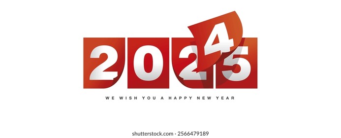 Happy New Year 2025 greeting card design template on white background. New Year 2025 start concept. Red calendar pages turn in the wind and the new year begins