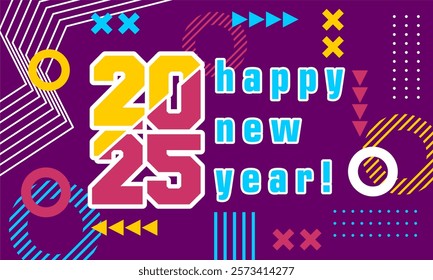 


Happy new year 2025 greeting card template, Trendy typography with geometric hipster pattern in Memphis style, Applicable for banner, calendar, invitation, flyer, social media

