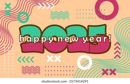 


Happy new year 2025 greeting card template, Trendy typography with geometric hipster pattern in Memphis style, Applicable for banner, calendar, invitation, flyer, social media

